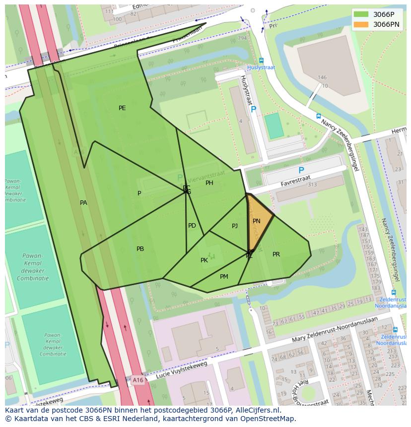 Afbeelding van het postcodegebied 3066 PN op de kaart.