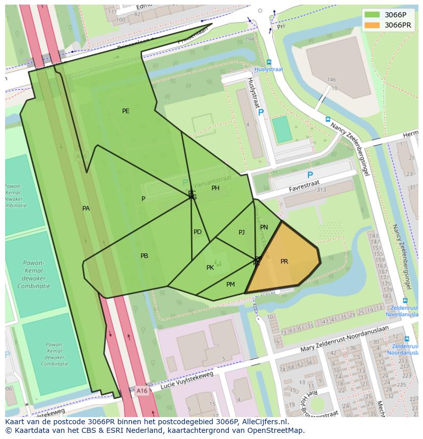 Afbeelding van het postcodegebied 3066 PR op de kaart.