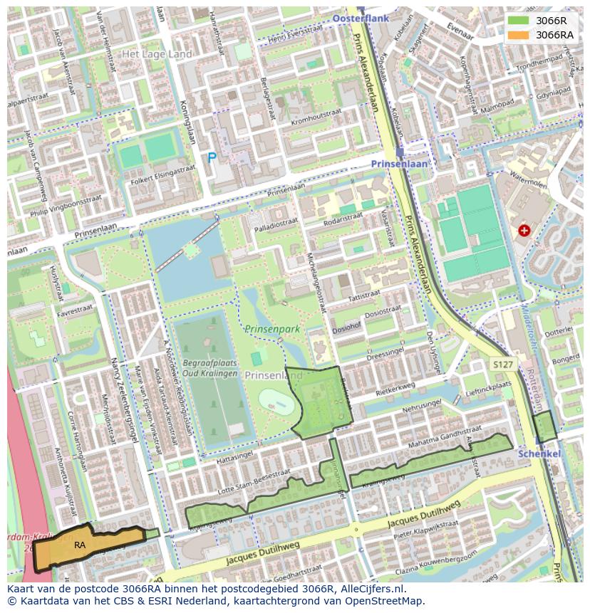 Afbeelding van het postcodegebied 3066 RA op de kaart.