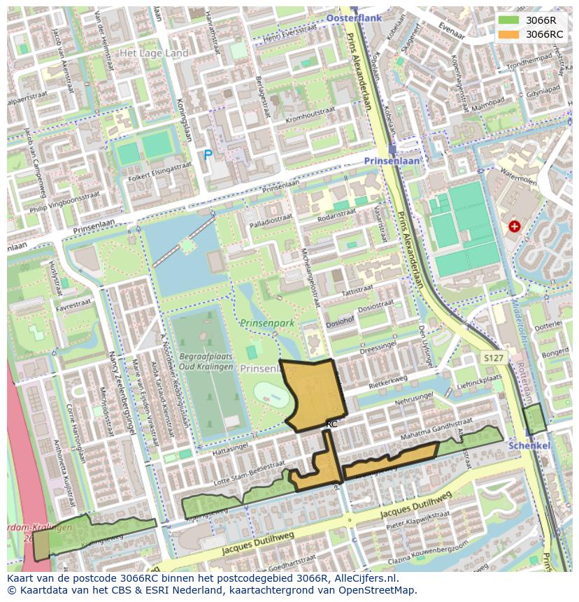 Afbeelding van het postcodegebied 3066 RC op de kaart.