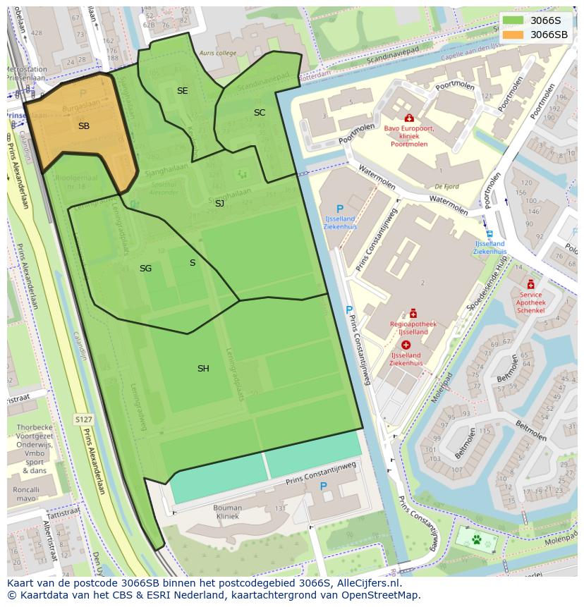 Afbeelding van het postcodegebied 3066 SB op de kaart.
