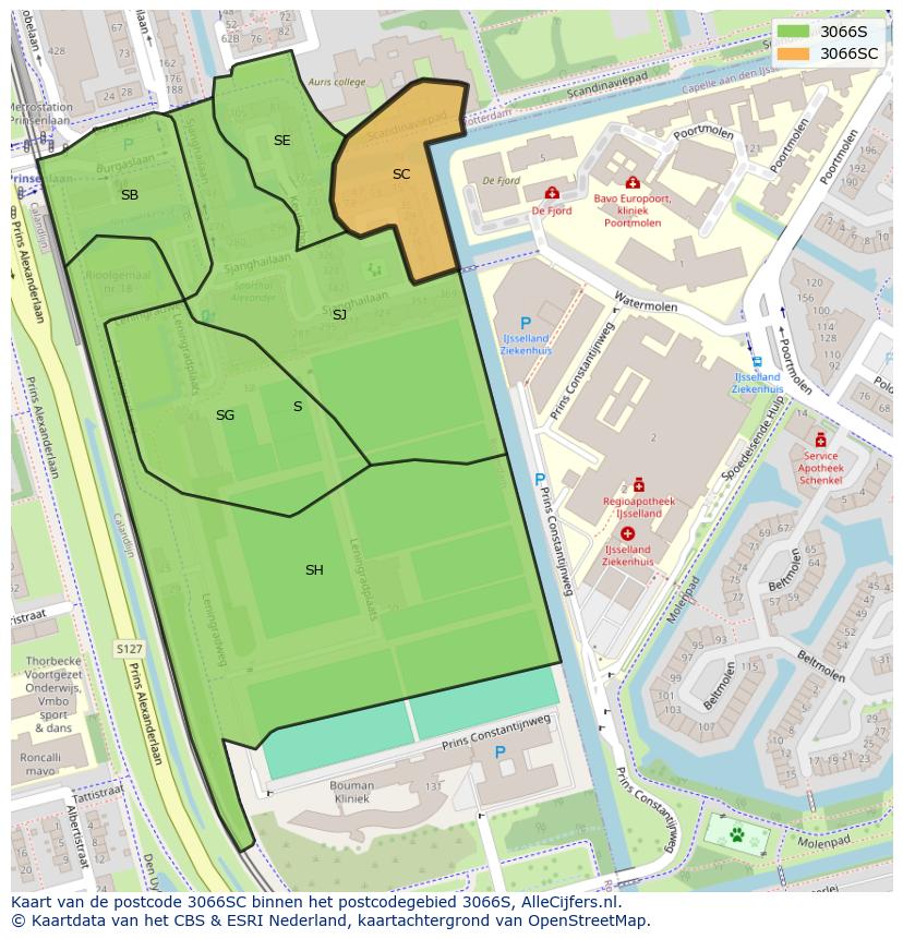Afbeelding van het postcodegebied 3066 SC op de kaart.