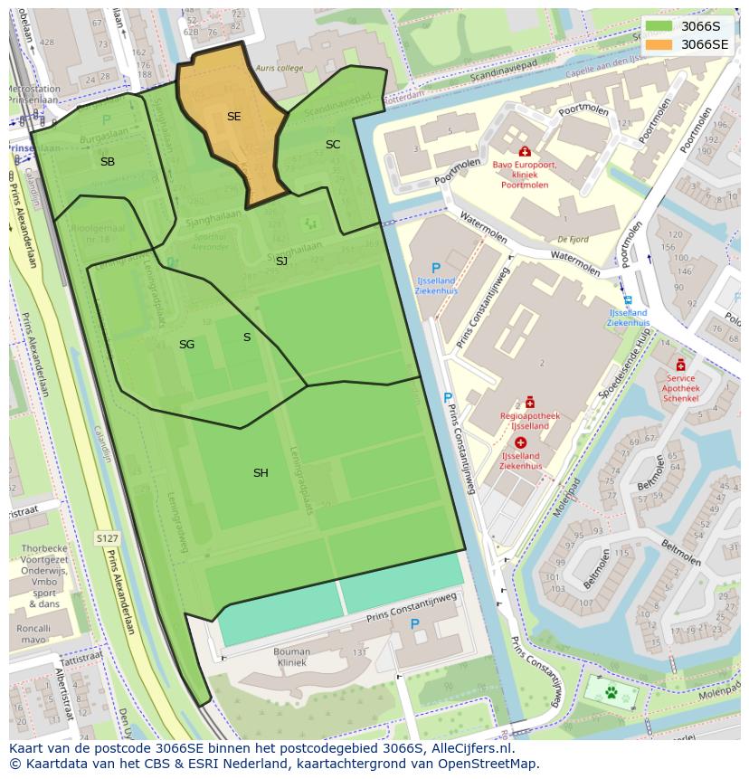 Afbeelding van het postcodegebied 3066 SE op de kaart.