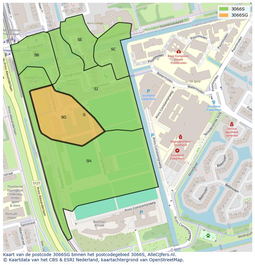 Afbeelding van het postcodegebied 3066 SG op de kaart.