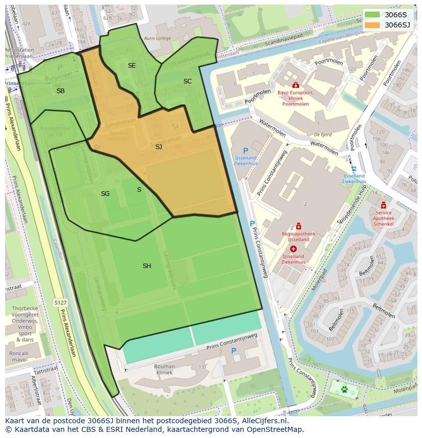 Afbeelding van het postcodegebied 3066 SJ op de kaart.