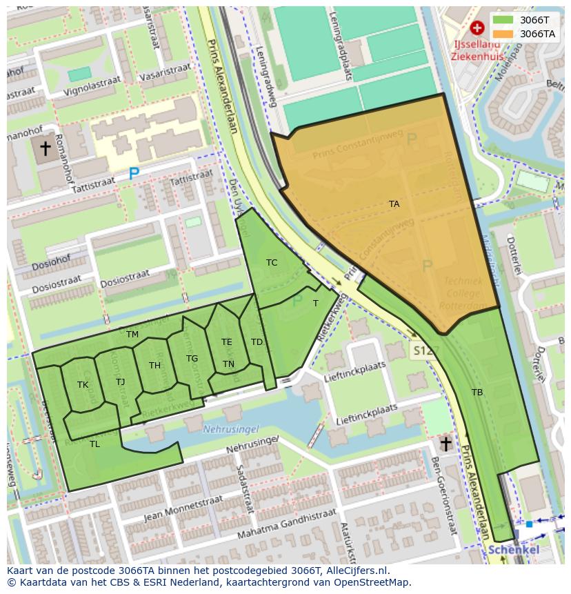 Afbeelding van het postcodegebied 3066 TA op de kaart.