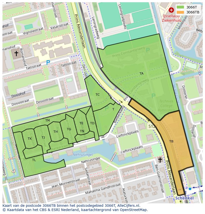 Afbeelding van het postcodegebied 3066 TB op de kaart.