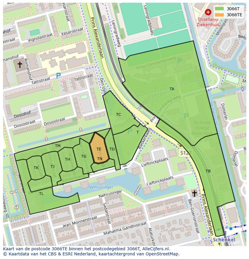 Afbeelding van het postcodegebied 3066 TE op de kaart.