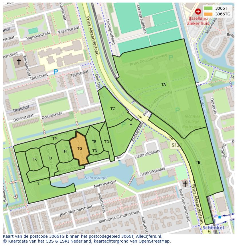 Afbeelding van het postcodegebied 3066 TG op de kaart.