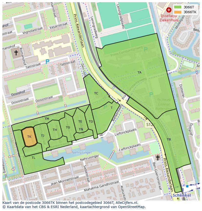 Afbeelding van het postcodegebied 3066 TK op de kaart.