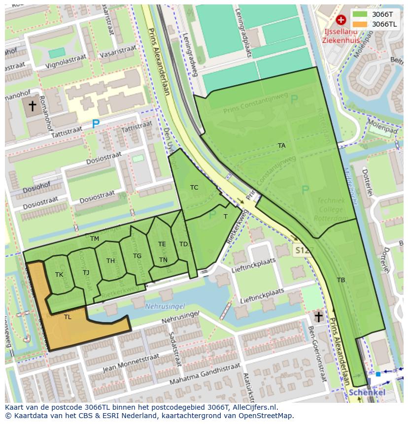 Afbeelding van het postcodegebied 3066 TL op de kaart.