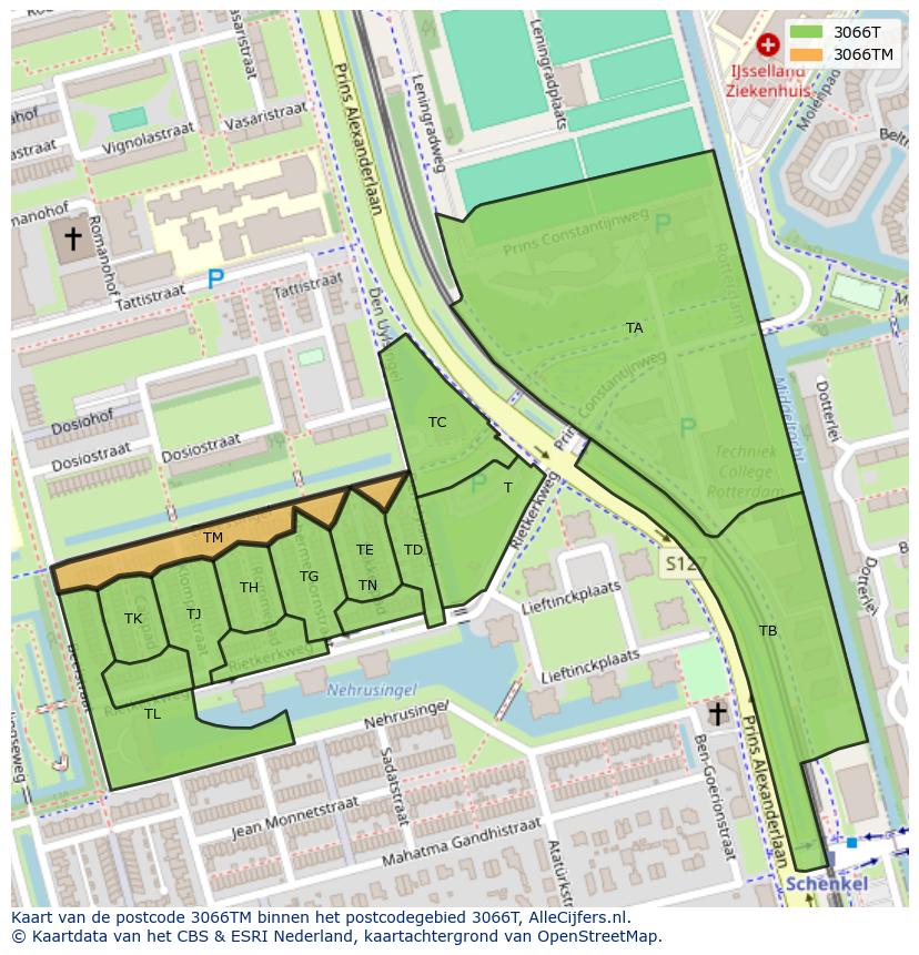 Afbeelding van het postcodegebied 3066 TM op de kaart.
