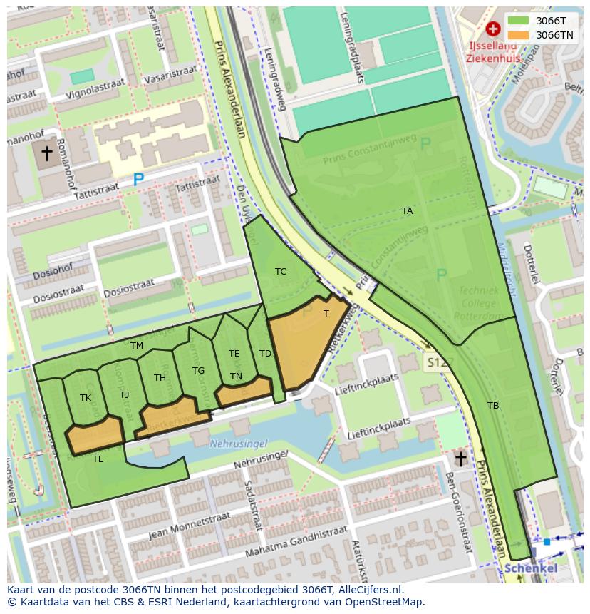 Afbeelding van het postcodegebied 3066 TN op de kaart.