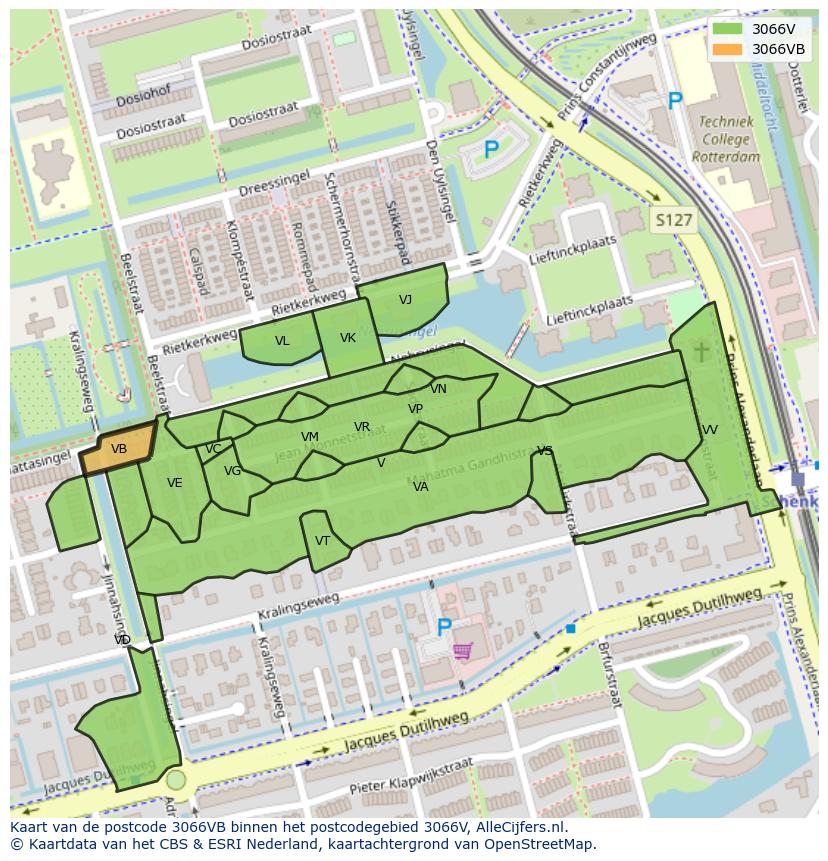 Afbeelding van het postcodegebied 3066 VB op de kaart.
