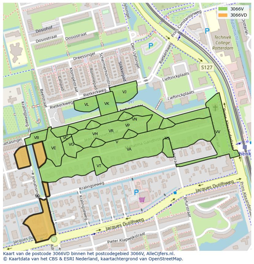 Afbeelding van het postcodegebied 3066 VD op de kaart.