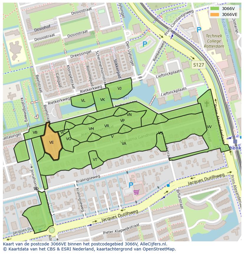 Afbeelding van het postcodegebied 3066 VE op de kaart.