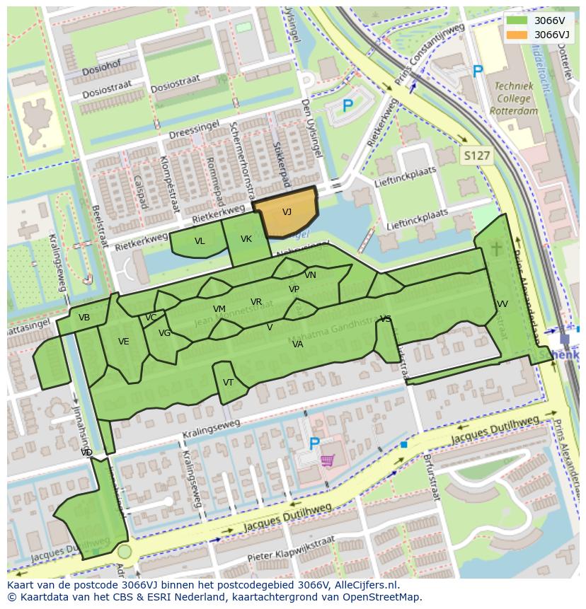 Afbeelding van het postcodegebied 3066 VJ op de kaart.
