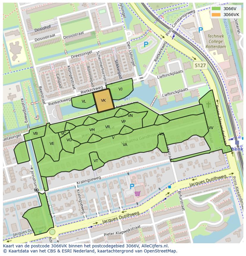 Afbeelding van het postcodegebied 3066 VK op de kaart.
