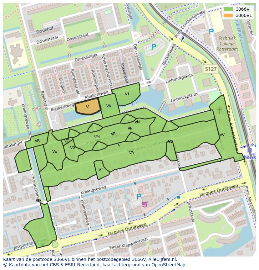 Afbeelding van het postcodegebied 3066 VL op de kaart.