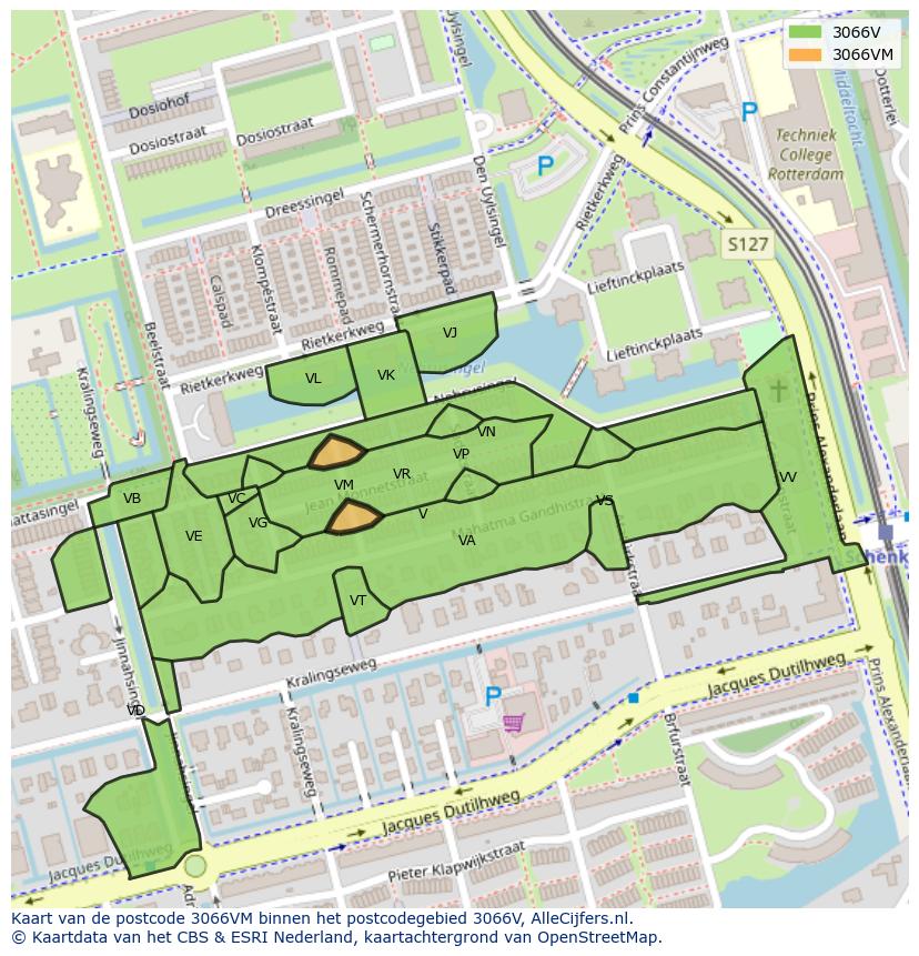 Afbeelding van het postcodegebied 3066 VM op de kaart.