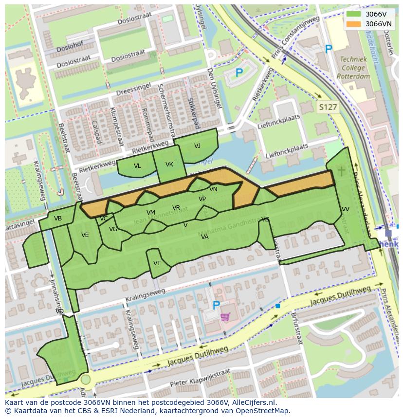 Afbeelding van het postcodegebied 3066 VN op de kaart.