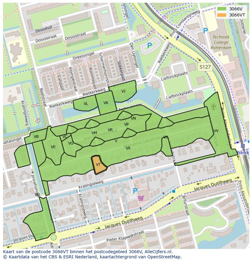 Afbeelding van het postcodegebied 3066 VT op de kaart.