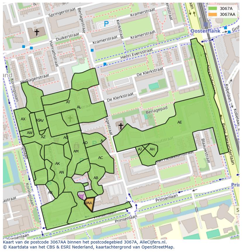 Afbeelding van het postcodegebied 3067 AA op de kaart.