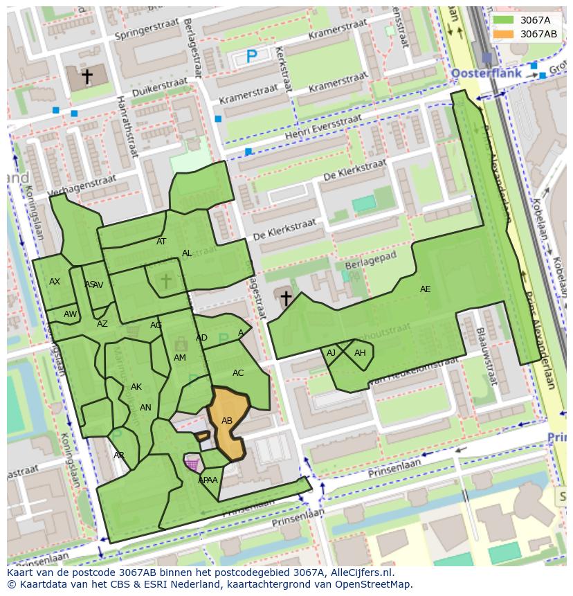 Afbeelding van het postcodegebied 3067 AB op de kaart.