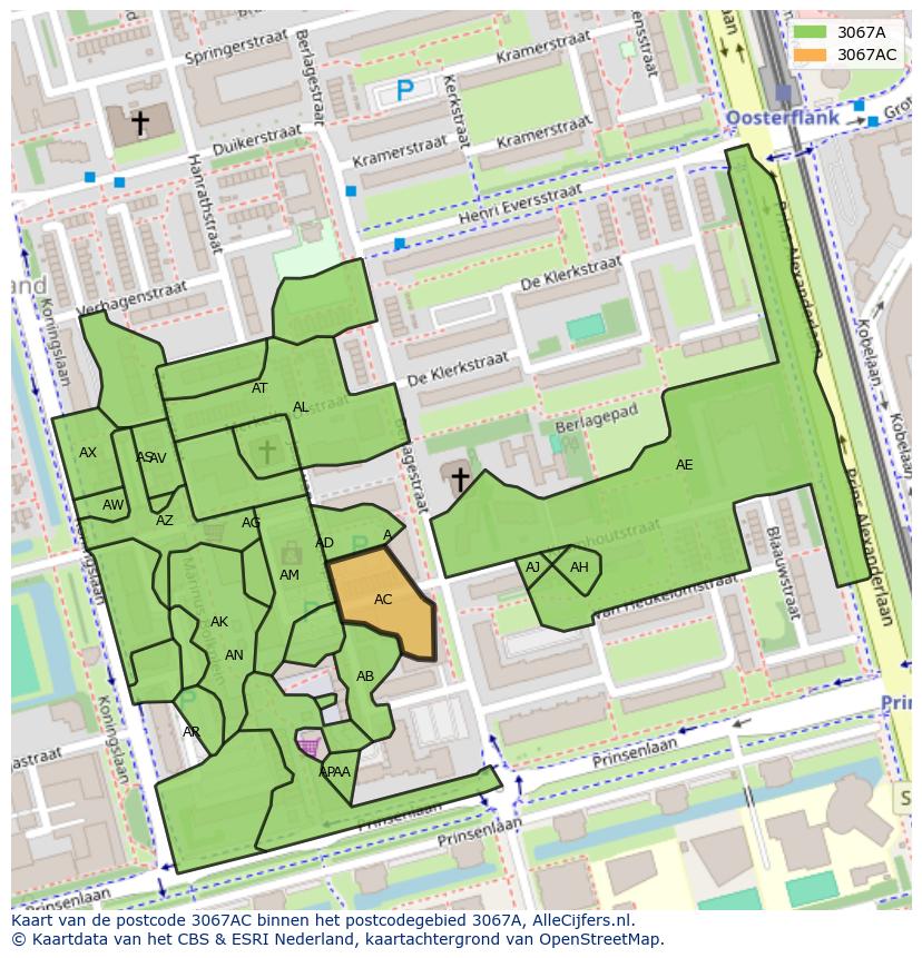 Afbeelding van het postcodegebied 3067 AC op de kaart.