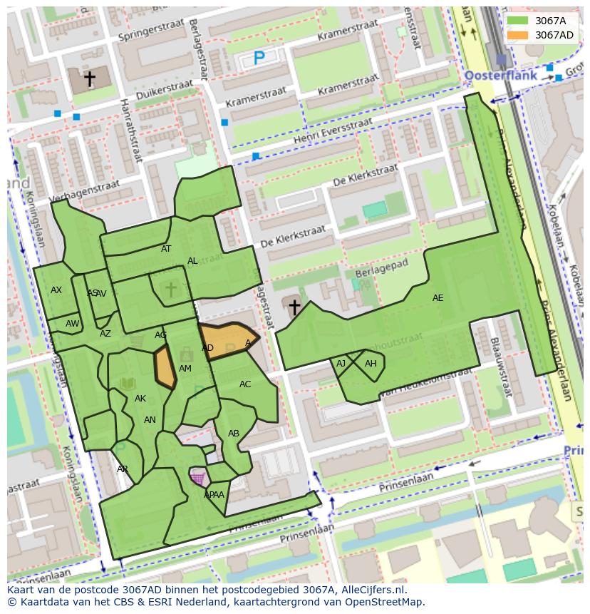 Afbeelding van het postcodegebied 3067 AD op de kaart.