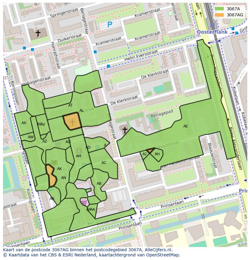 Afbeelding van het postcodegebied 3067 AG op de kaart.