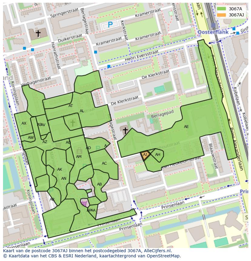 Afbeelding van het postcodegebied 3067 AJ op de kaart.