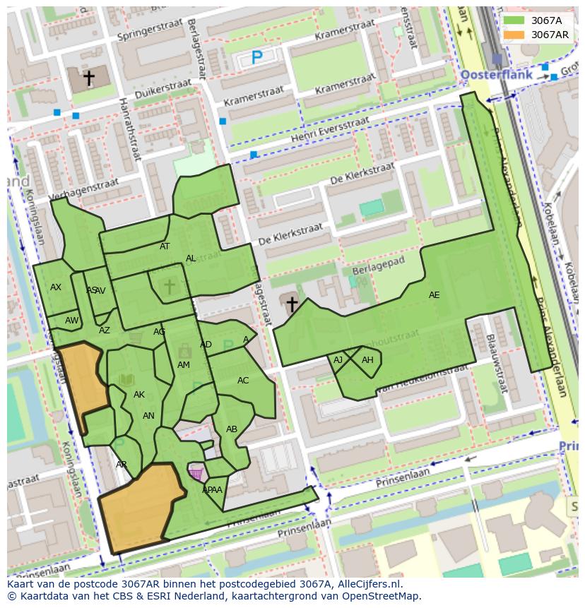 Afbeelding van het postcodegebied 3067 AR op de kaart.