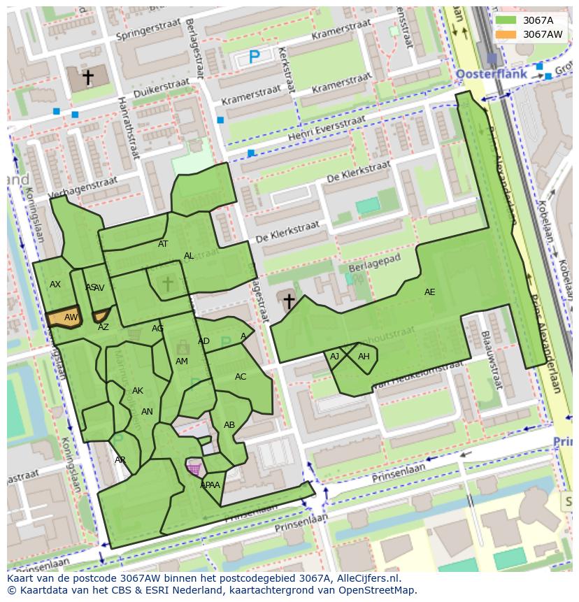 Afbeelding van het postcodegebied 3067 AW op de kaart.