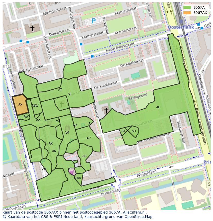 Afbeelding van het postcodegebied 3067 AX op de kaart.