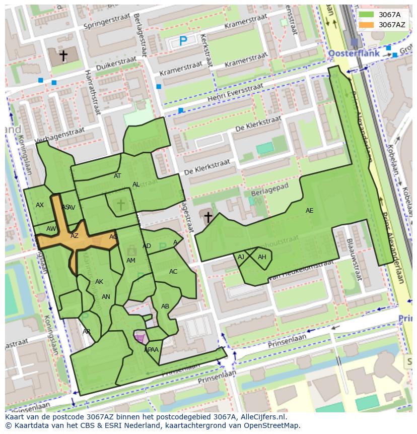 Afbeelding van het postcodegebied 3067 AZ op de kaart.