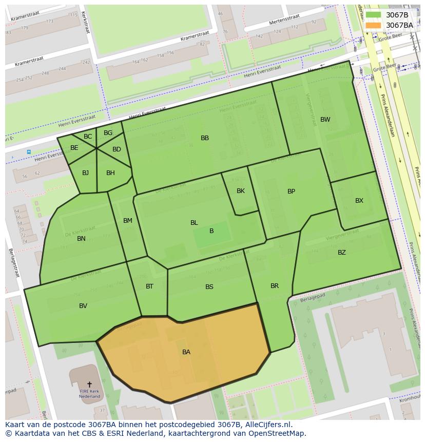 Afbeelding van het postcodegebied 3067 BA op de kaart.