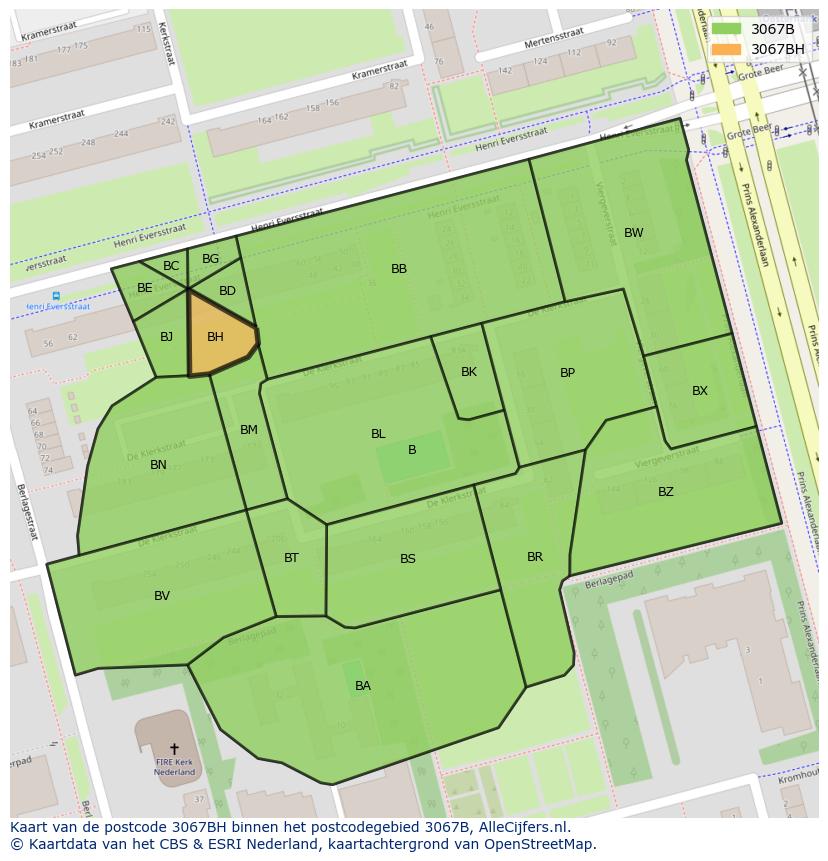 Afbeelding van het postcodegebied 3067 BH op de kaart.