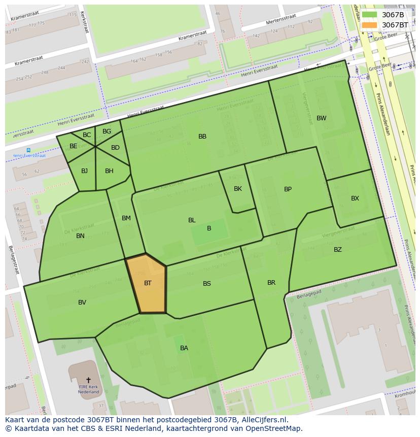 Afbeelding van het postcodegebied 3067 BT op de kaart.