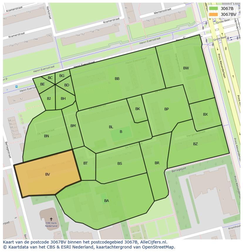 Afbeelding van het postcodegebied 3067 BV op de kaart.