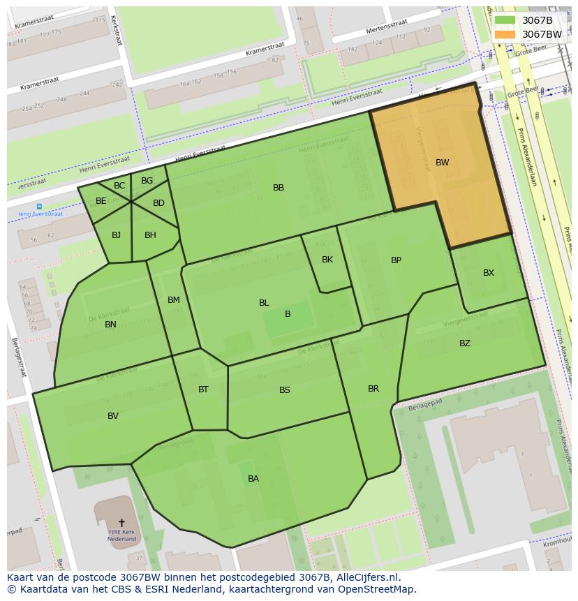 Afbeelding van het postcodegebied 3067 BW op de kaart.
