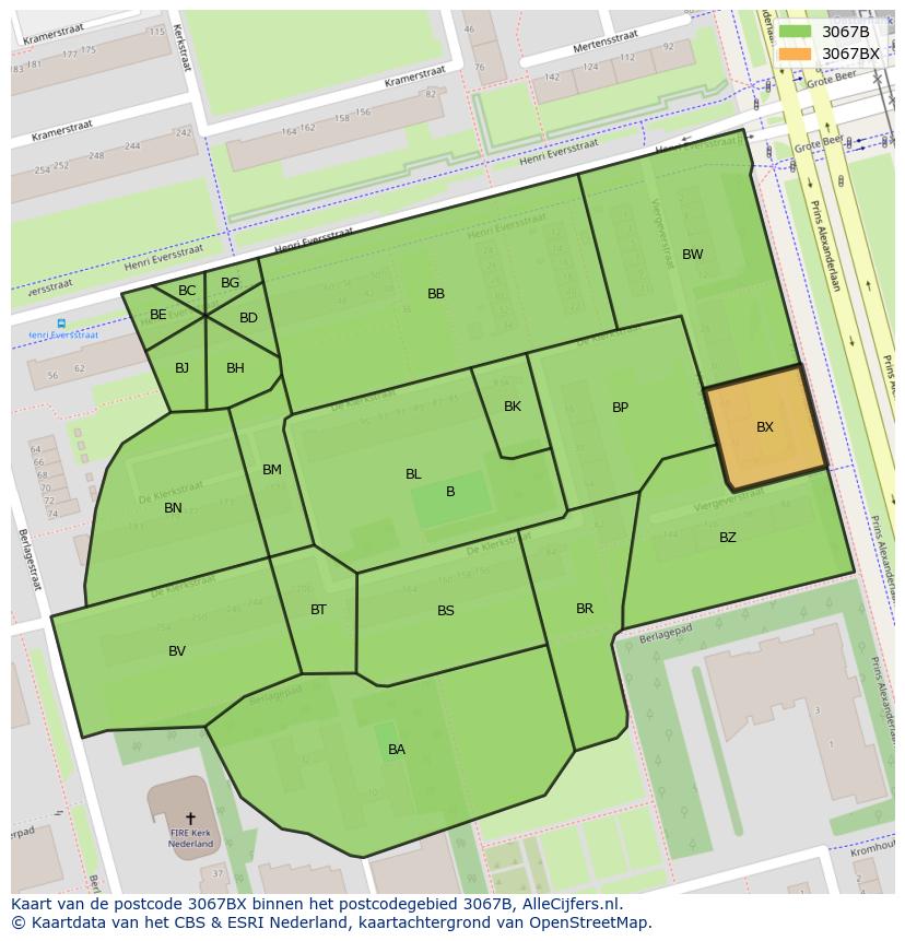 Afbeelding van het postcodegebied 3067 BX op de kaart.