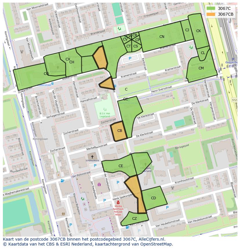 Afbeelding van het postcodegebied 3067 CB op de kaart.
