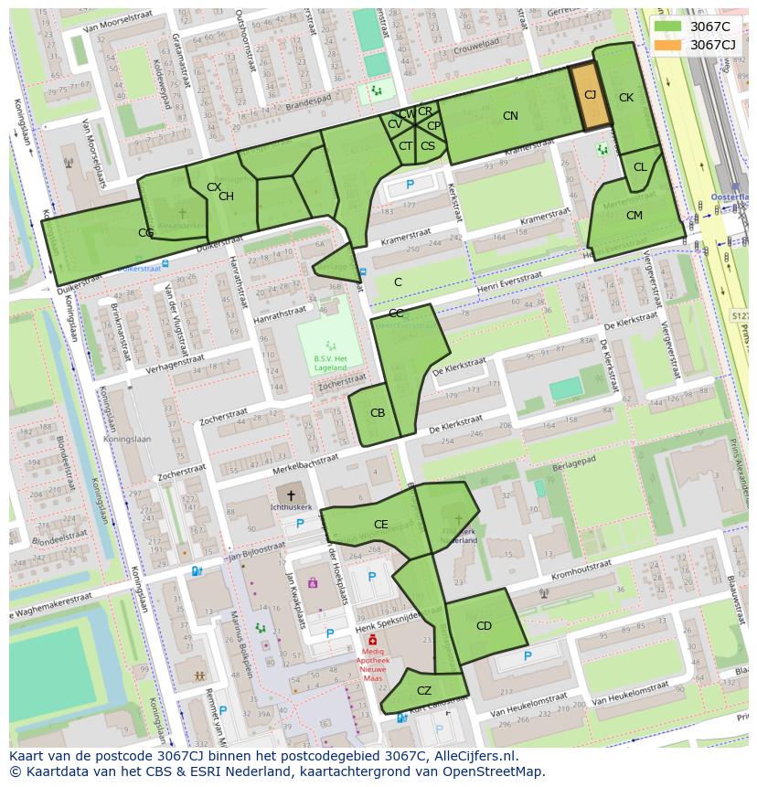 Afbeelding van het postcodegebied 3067 CJ op de kaart.