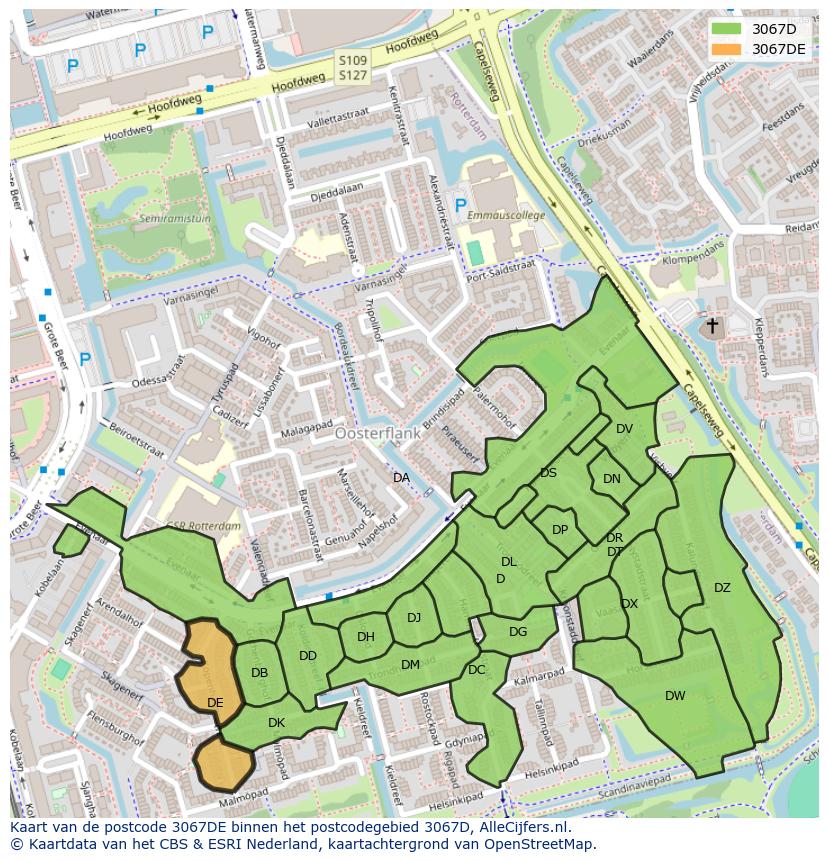 Afbeelding van het postcodegebied 3067 DE op de kaart.