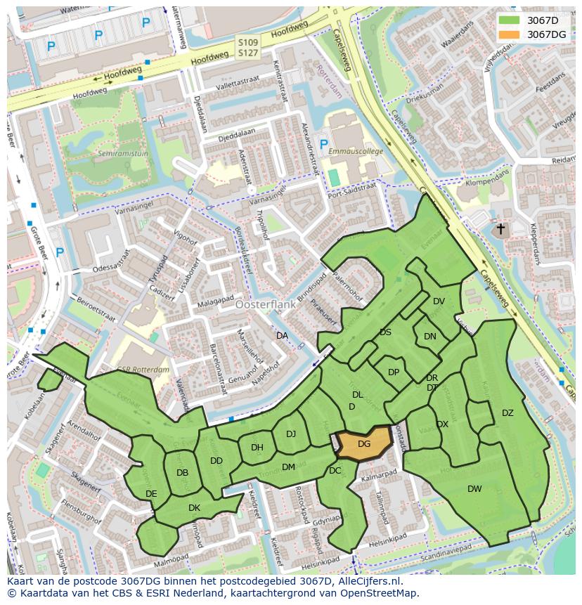 Afbeelding van het postcodegebied 3067 DG op de kaart.