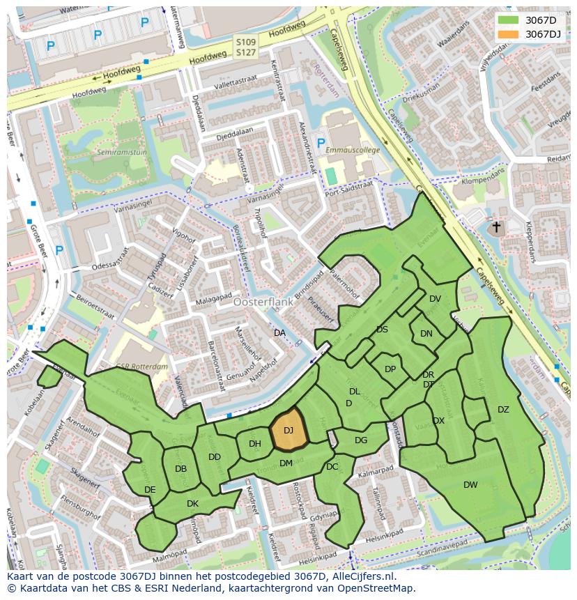 Afbeelding van het postcodegebied 3067 DJ op de kaart.