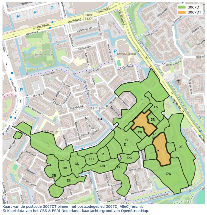 Afbeelding van het postcodegebied 3067 DT op de kaart.