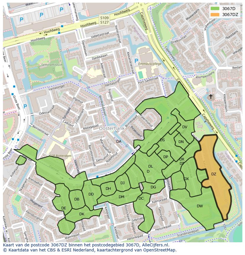 Afbeelding van het postcodegebied 3067 DZ op de kaart.