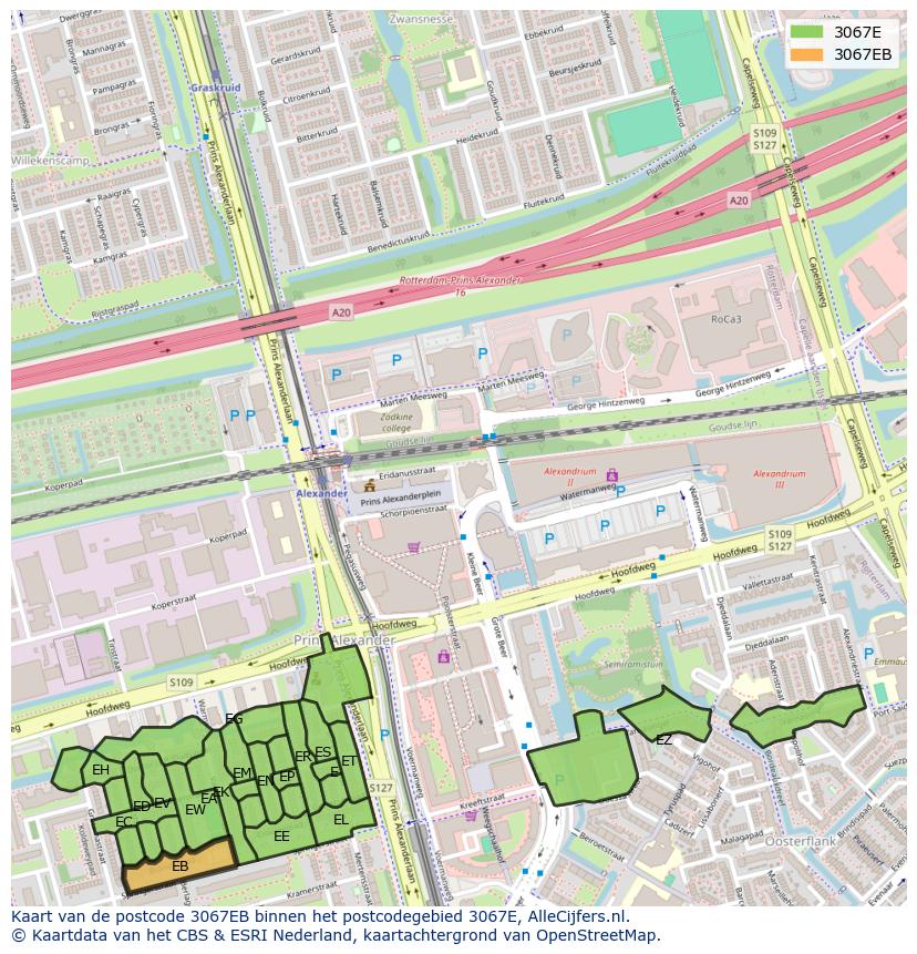 Afbeelding van het postcodegebied 3067 EB op de kaart.